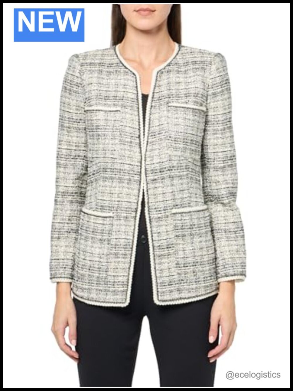 Tweed Open Neck Jacket Long Sleeve Cotton Blend